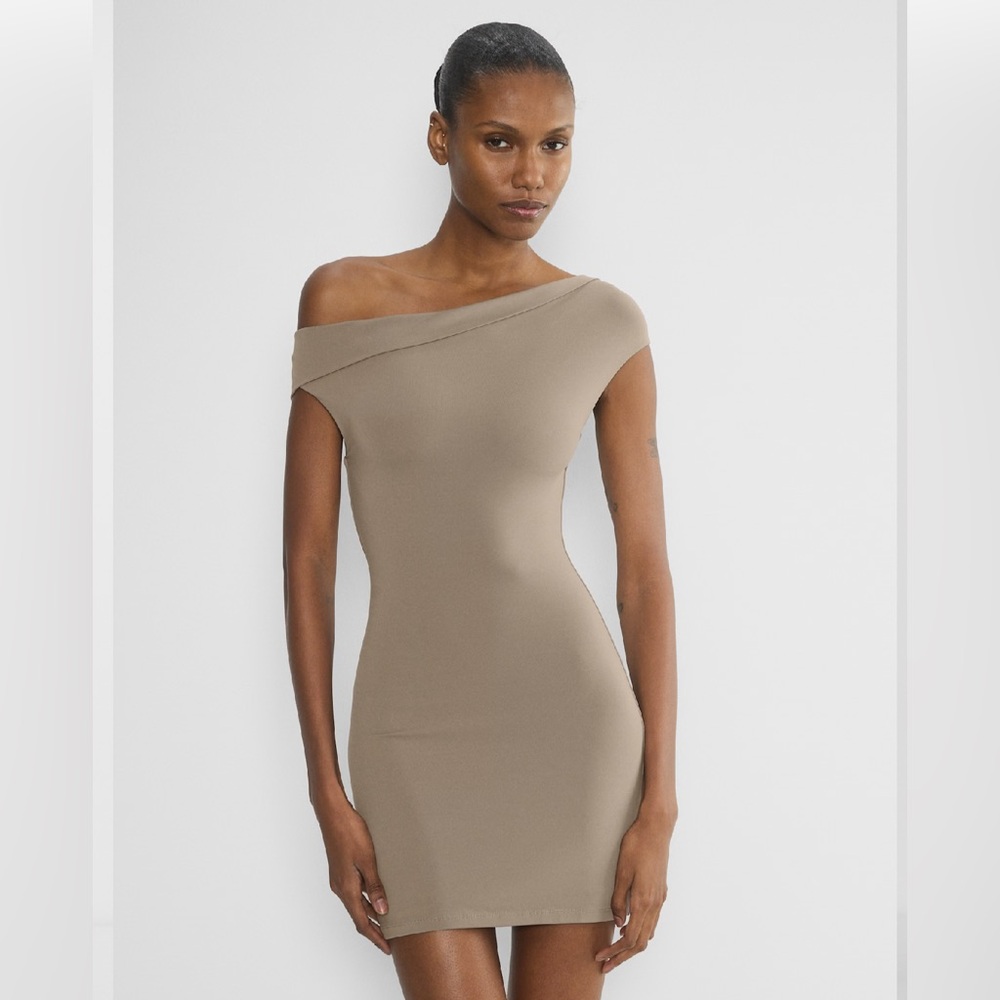 NWT Aritzia Taupe Off-Shoulder Mini Dress